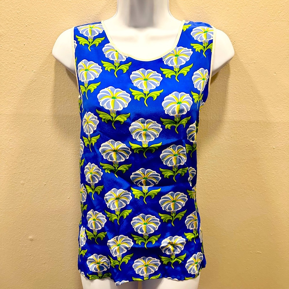 Bob Mackie Wearable Art 100% Silk Sleeveless Top Bright Blue Floral Sz Small